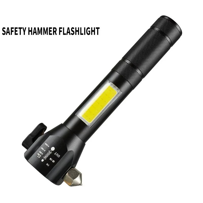 Multi-Function COB LED Flashlight Emergency Light Safety Hammer