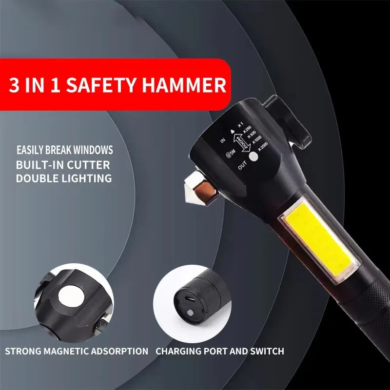 Multi-Function COB LED Flashlight Emergency Light Safety Hammer