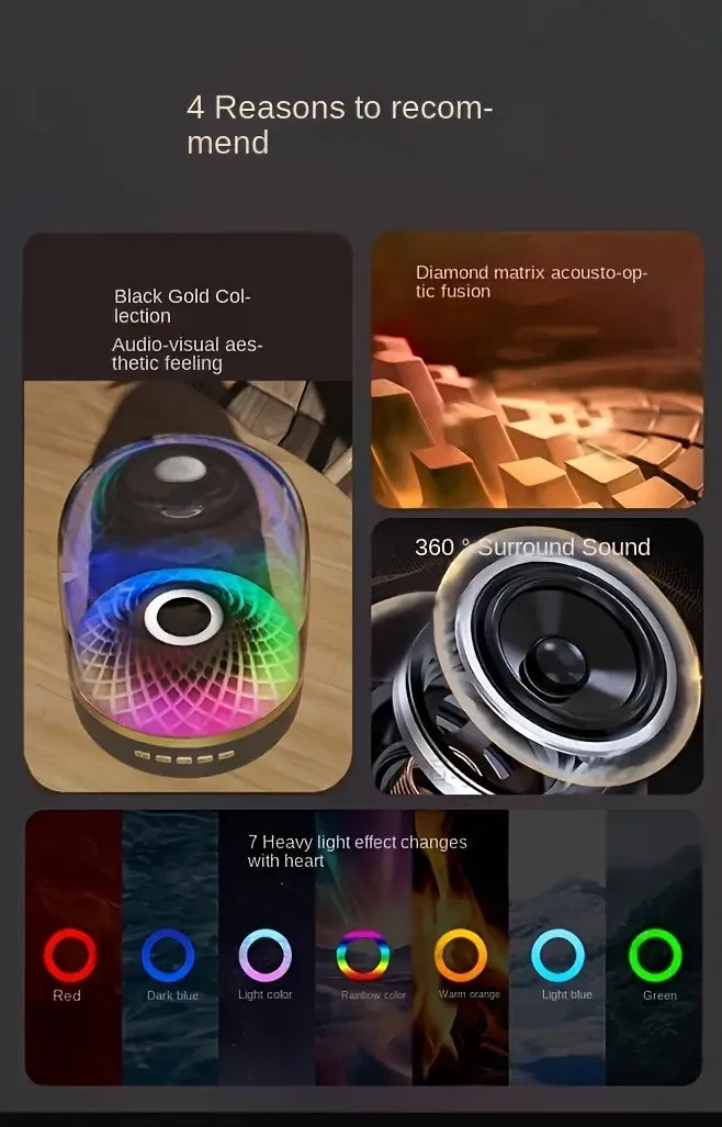 Compact Black Wireless Mini Stereo Speaker with 360° Surround Sound, 7 LED Lighting Effects, USB Type-C Charging, Wireless Conne