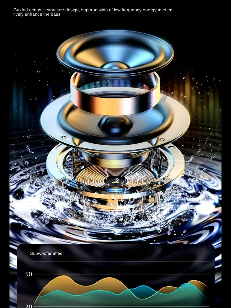 Compact Black Wireless Mini Stereo Speaker with 360° Surround Sound, 7 LED Lighting Effects, USB Type-C Charging, Wireless Conne