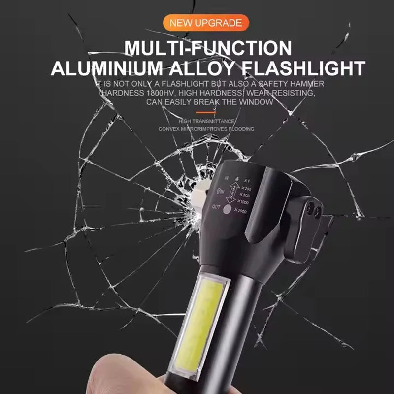 Multi-Function COB LED Flashlight Emergency Light Safety Hammer