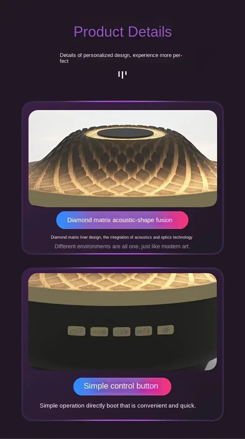 Compact Black Wireless Mini Stereo Speaker with 360° Surround Sound, 7 LED Lighting Effects, USB Type-C Charging, Wireless Conne