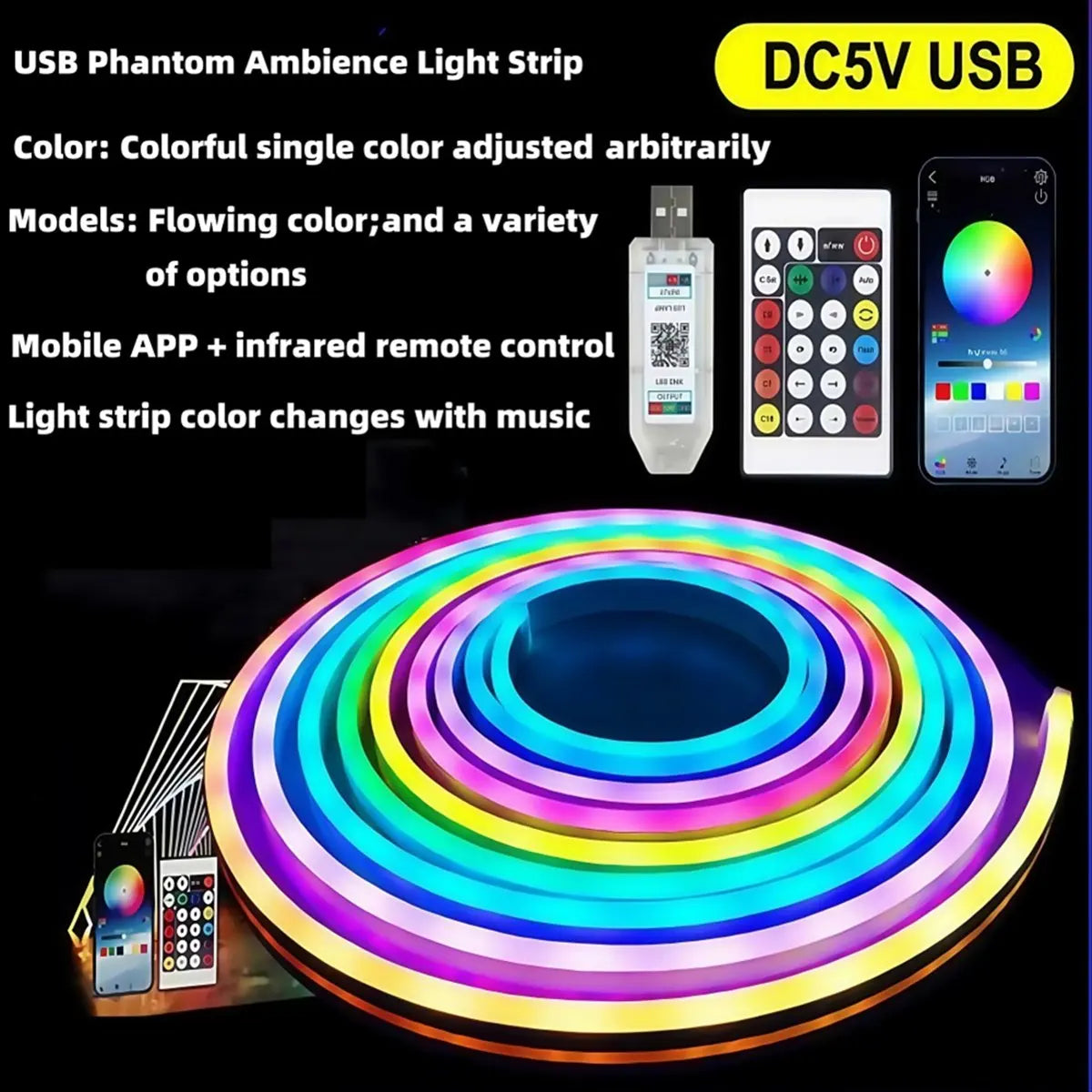Top DC5V RGBIC LED Strip Lights Neon Rope Light with Music Sync DIY RGB Atmosphere Light Strip Tape for Home Decor 3 Meter