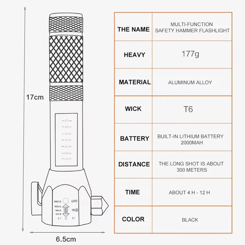 Multi-Function COB LED Flashlight Emergency Light Safety Hammer