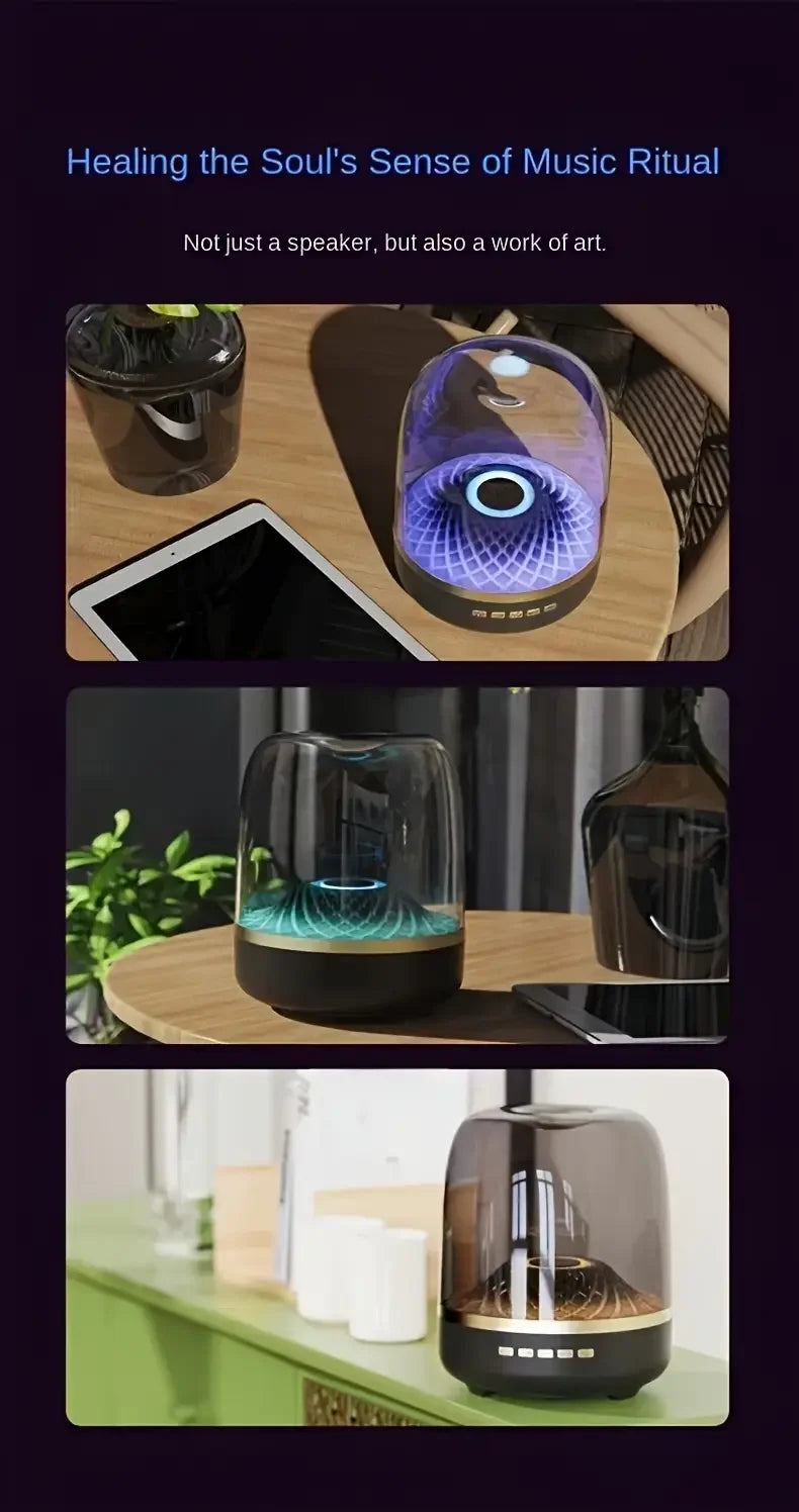 Compact Black Wireless Mini Stereo Speaker with 360° Surround Sound, 7 LED Lighting Effects, USB Type-C Charging, Wireless Conne