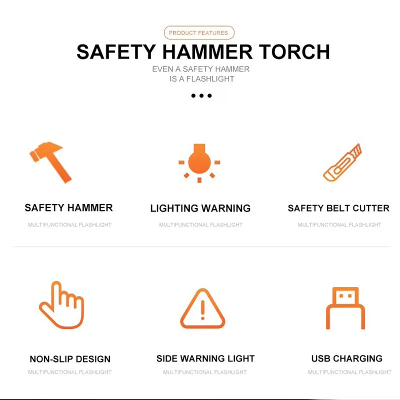 Multi-Function COB LED Flashlight Emergency Light Safety Hammer