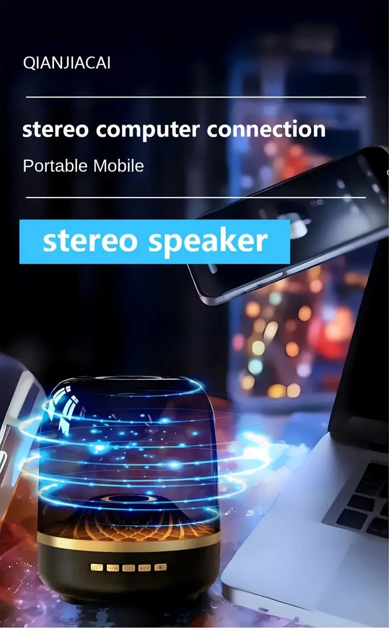 Compact Black Wireless Mini Stereo Speaker with 360° Surround Sound, 7 LED Lighting Effects, USB Type-C Charging, Wireless Conne